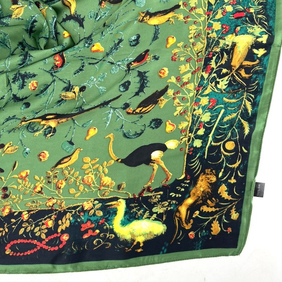 Large Square 100% Silk Scarf Birds Animals Floral Botanical Print Green - Picture 2 of 4